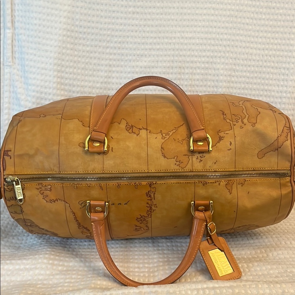 Prima Classe Vintage Map Print Brown Leather Duffel Bag - Picture 7 of 12